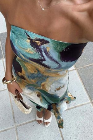 Natalia Blue and Gold Watercolor Strapless Maxi Dress