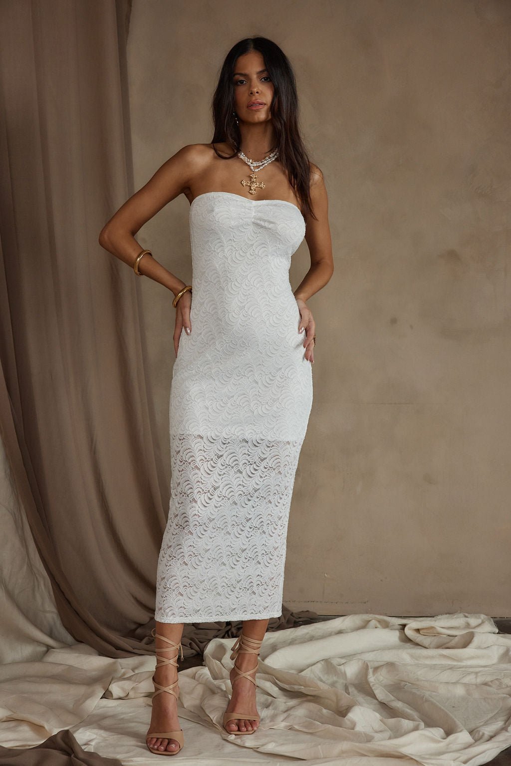 Reagan Strapless White Lace Midi Dress - Image 2
