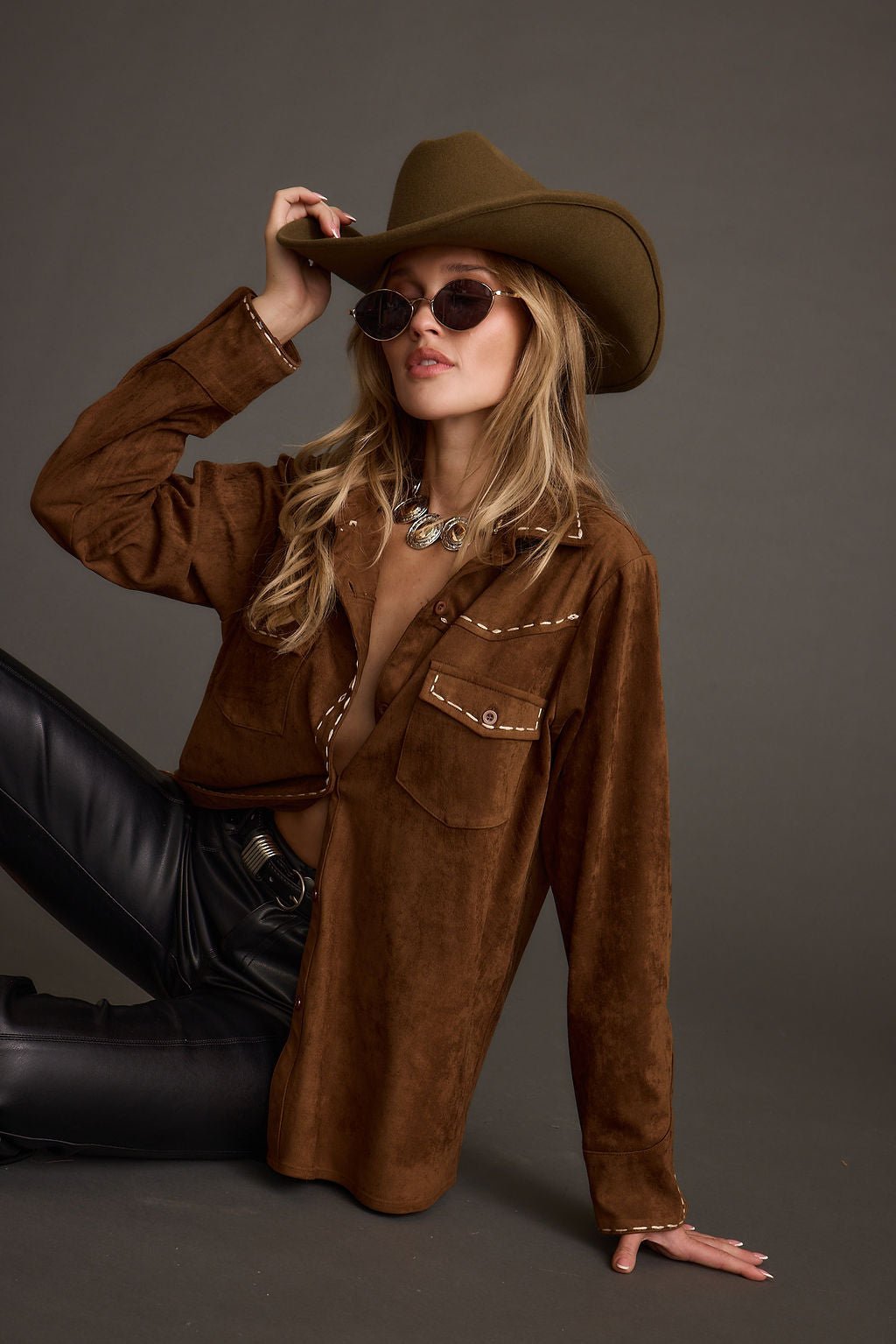 Rustic Pines Brown Suede Button Down Top - Image 4