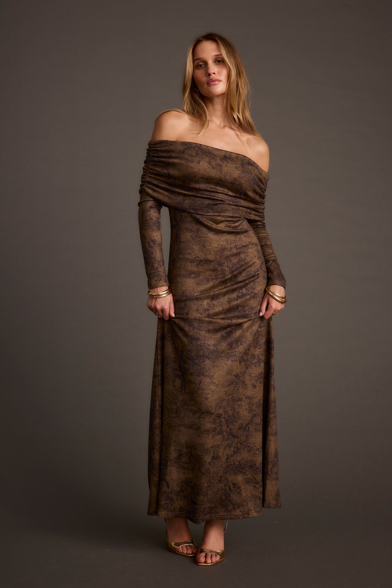 Hollis Mocha Blur Off the Shoulder Maxi Dress - Image 4