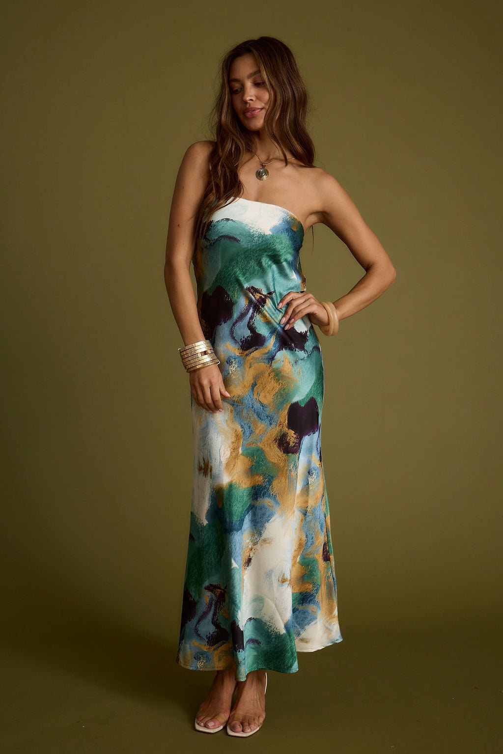 Natalia Blue and Gold Watercolor Strapless Maxi Dress - Image 6