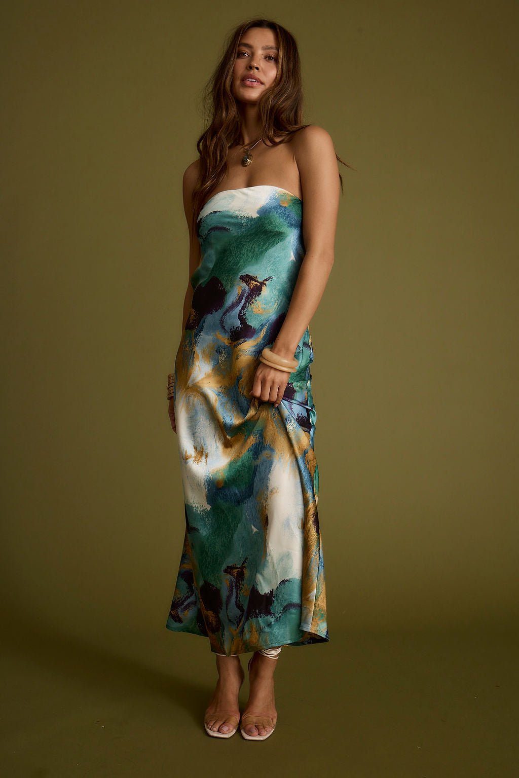 Natalia Blue and Gold Watercolor Strapless Maxi Dress - Image 8