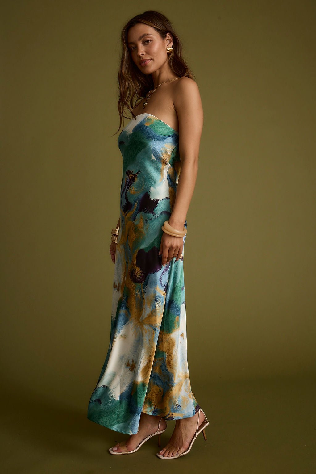 Natalia Blue and Gold Watercolor Strapless Maxi Dress - Image 9