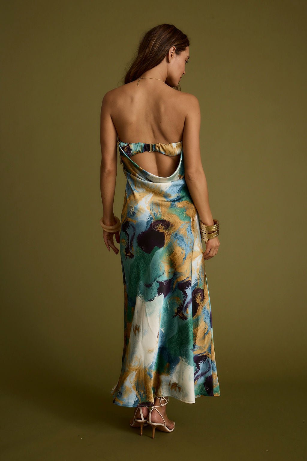 Natalia Blue and Gold Watercolor Strapless Maxi Dress - Image 2
