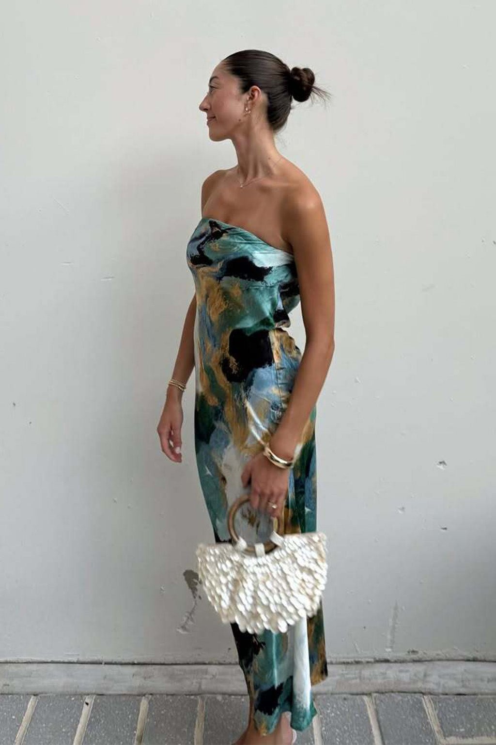 Natalia Blue and Gold Watercolor Strapless Maxi Dress - Image 3