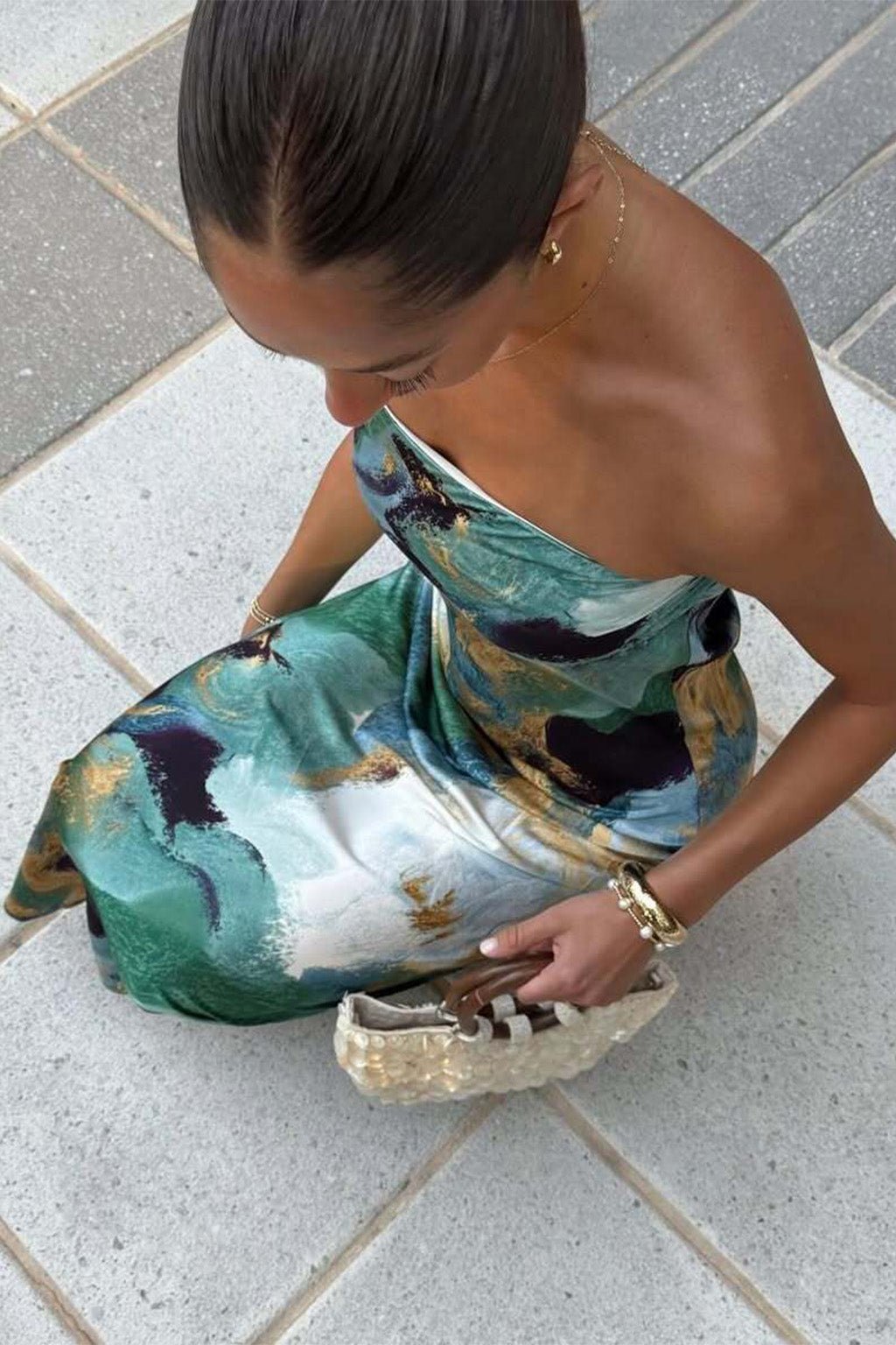 Natalia Blue and Gold Watercolor Strapless Maxi Dress - Image 5