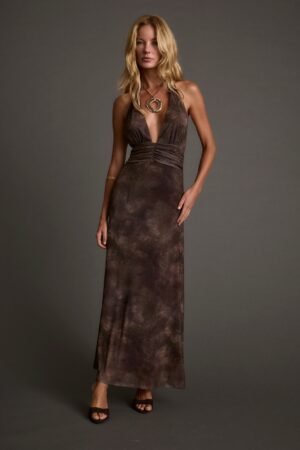 Rosalia Brown Mesh Maxi Dress